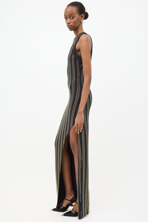 Balmain Black 
Gold Rhinestone Stripe Maxi Dress