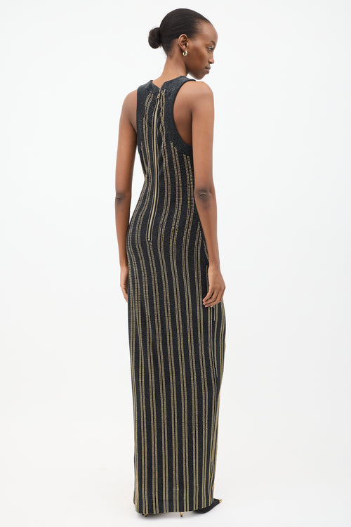 Balmain Black 
Gold Rhinestone Stripe Maxi Dress