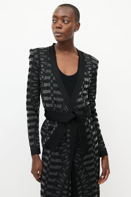 Balmain Black 
Grey Knit Belted Cardigan