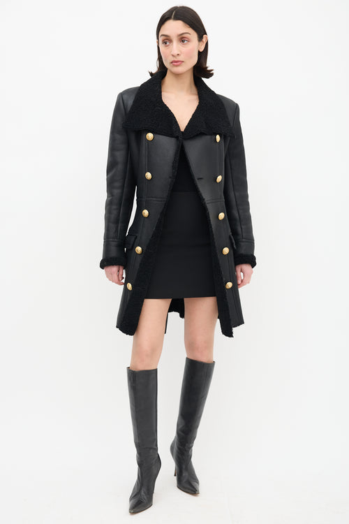 Balmain Black Leather 
Shearling Coat