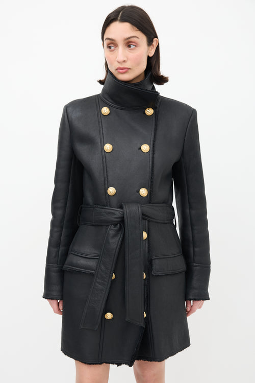 Balmain Black Leather 
Shearling Coat