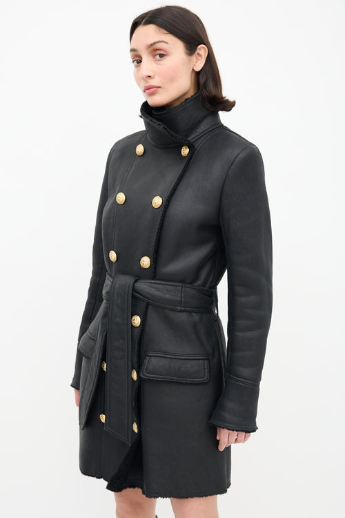 Balmain Black Leather 
Shearling Coat