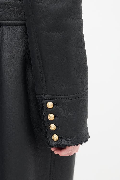 Balmain Black Leather 
Shearling Coat