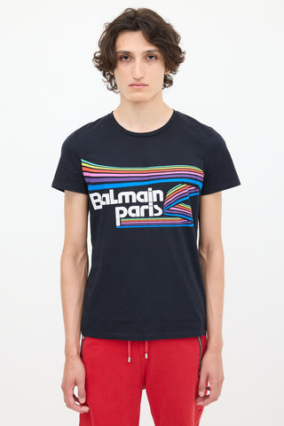 Balmain Black 
Multicolour Rainbow Logo T-Shirt