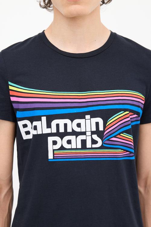 Balmain Black 
Multicolour Rainbow Logo T-Shirt