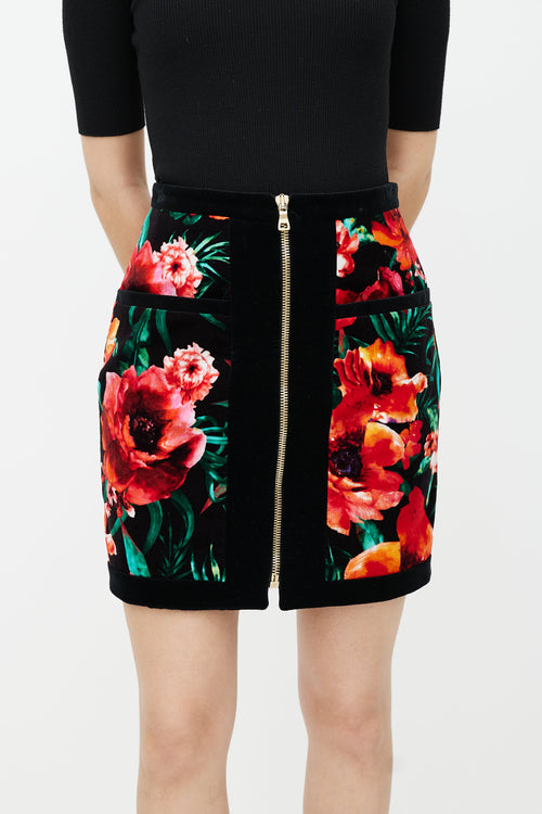 Balmain Black 
Multicolour Velour Floral Skirt