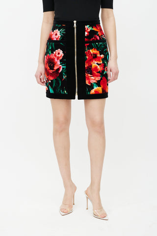 Balmain Black 
Multicolour Velour Floral Skirt