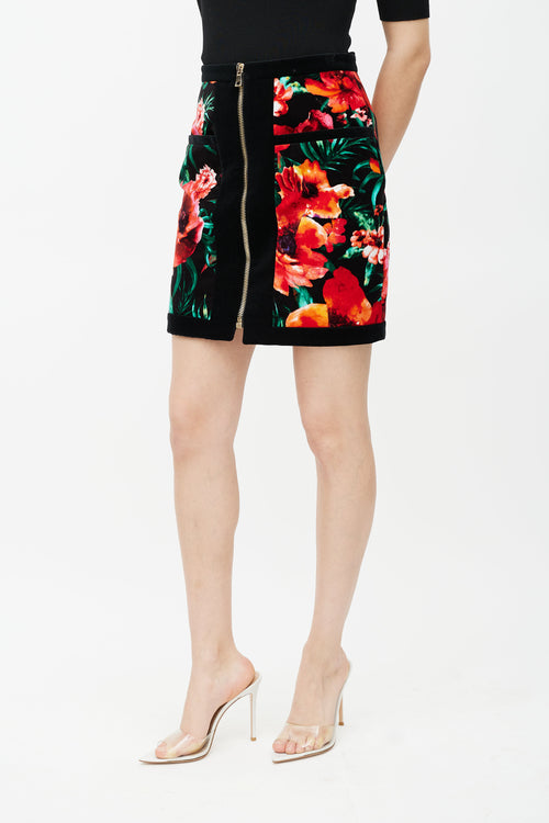 Balmain Black 
Multicolour Velour Floral Skirt