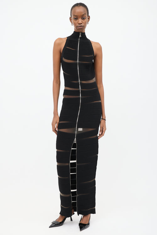 Balmain Black Ribbed Panel Zip Maxi Dress