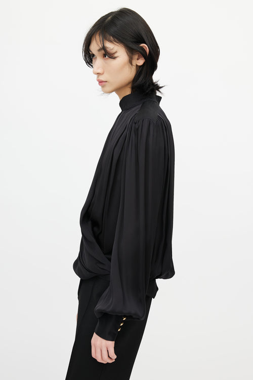 Balmain Black Silk Drape Blouse