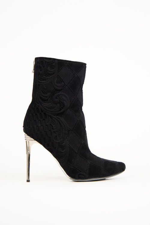 Balmain Black Suede Quilted Paisley Boot