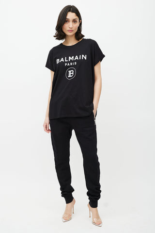 Balmain Black 
White Cuffled Logo T-Shirt