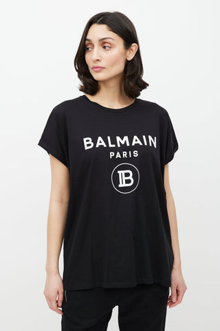 Balmain Black 
White Cuffled Logo T-Shirt