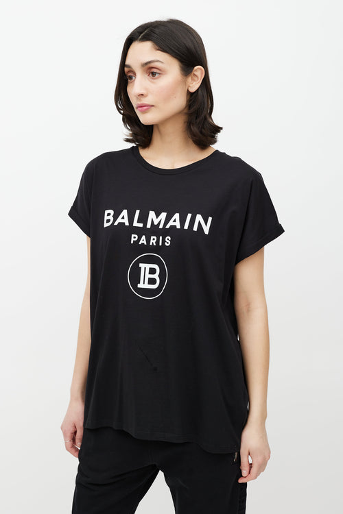 Balmain Black 
White Cuffled Logo T-Shirt