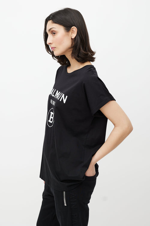 Balmain Black 
White Cuffled Logo T-Shirt