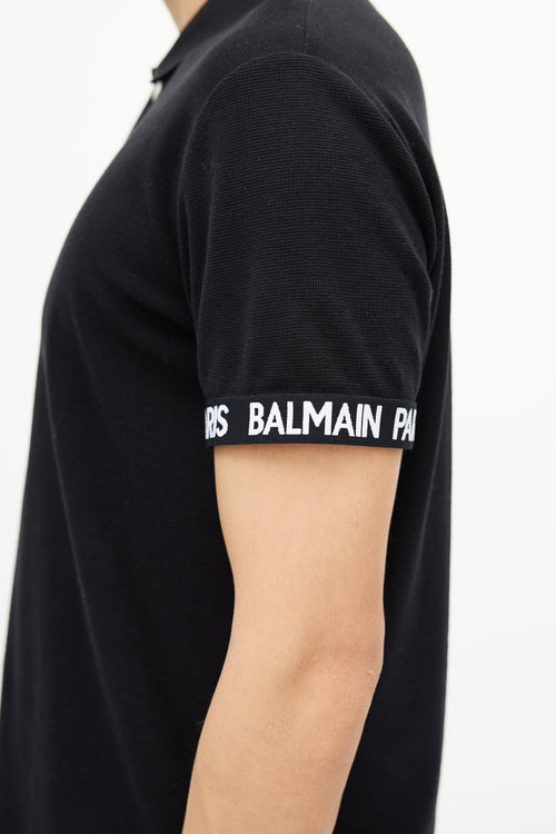 Balmain Black 
White Knit Logo Polo