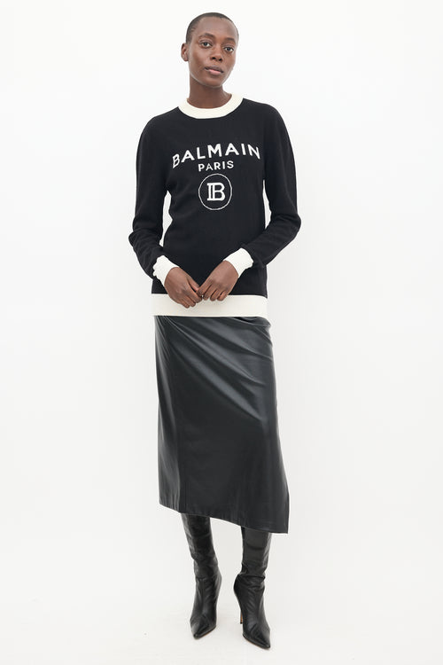 Balmain Black 
White Wool Knit Logo Sweater