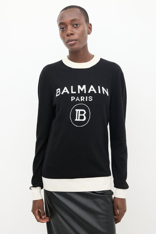 Balmain Black 
White Wool Knit Logo Sweater