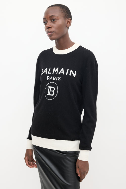 Balmain Black 
White Wool Knit Logo Sweater