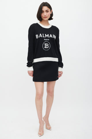 Balmain Black 
White Wool Knit Logo Sweater