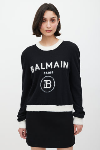 Balmain Black 
White Wool Knit Logo Sweater