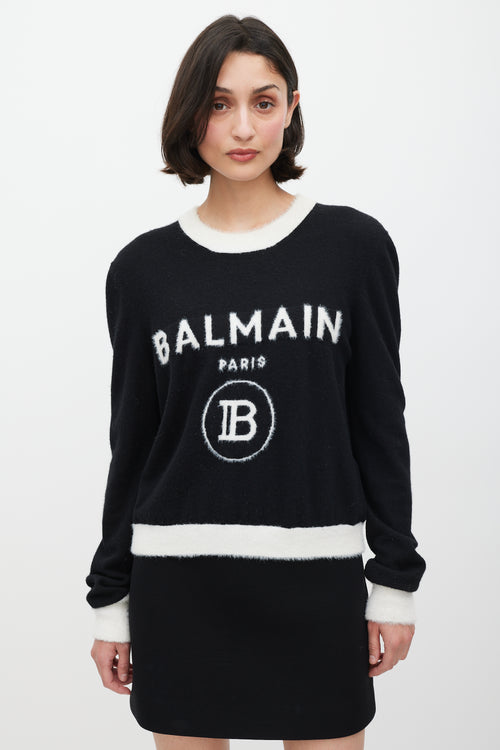 Balmain Black 
White Wool Knit Logo Sweater