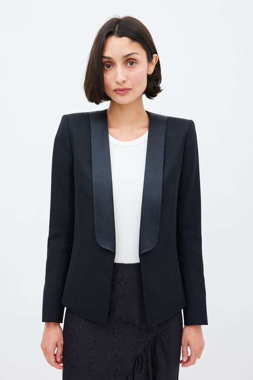 Balmain Black Wool 
Satin Lapel Open Blazer