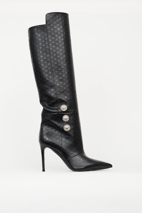 Balmain Black Leather Monogram Knee High Boot