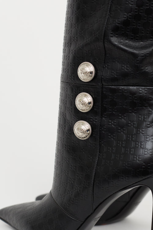 Balmain Black Leather Monogram Knee High Boot