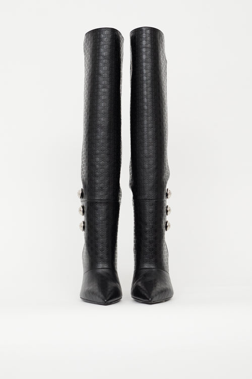 Balmain Black Leather Monogram Knee High Boot