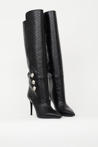 Balmain Black Leather Monogram Knee High Boot