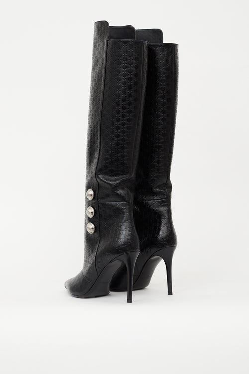 Balmain Black Leather Monogram Knee High Boot