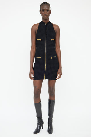 Balmain Black Square Knit Zip Sleeveless Dress