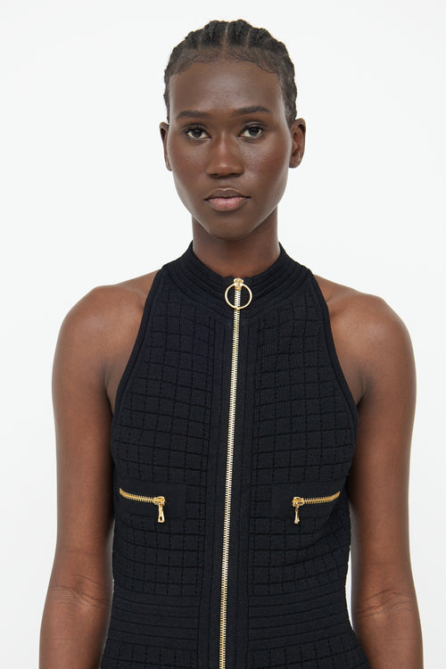 Balmain Black Square Knit Zip Sleeveless Dress