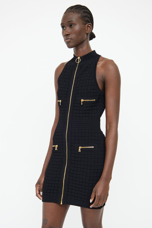 Balmain Black Square Knit Zip Sleeveless Dress