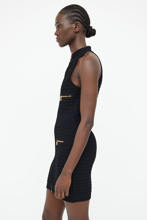 Balmain Black Square Knit Zip Sleeveless Dress