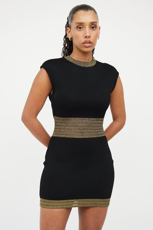 Balmain Black 
Gold Glitter Perforated Mini Dress