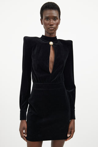 Balmain Black Velvet Button Long Sleeve Mini Dress