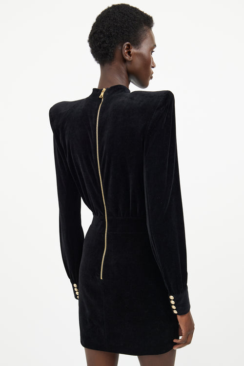 Balmain Black Velvet Button Long Sleeve Mini Dress