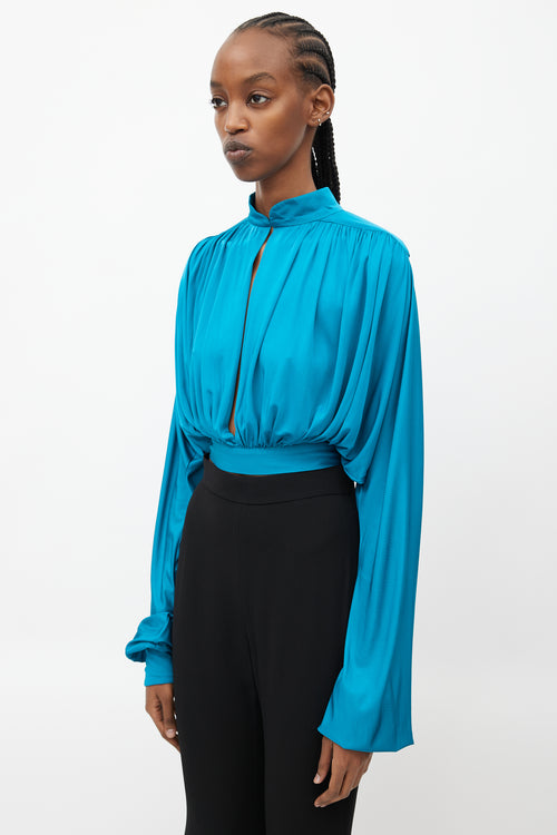 Balmain Teal Draped Cropped Top