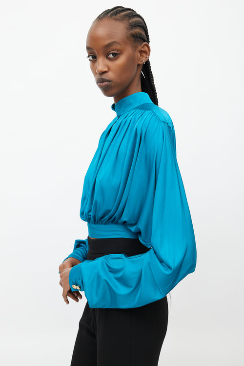 Balmain Teal Draped Cropped Top