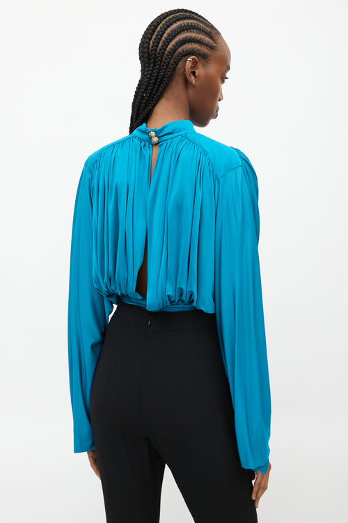 Balmain Teal Draped Cropped Top