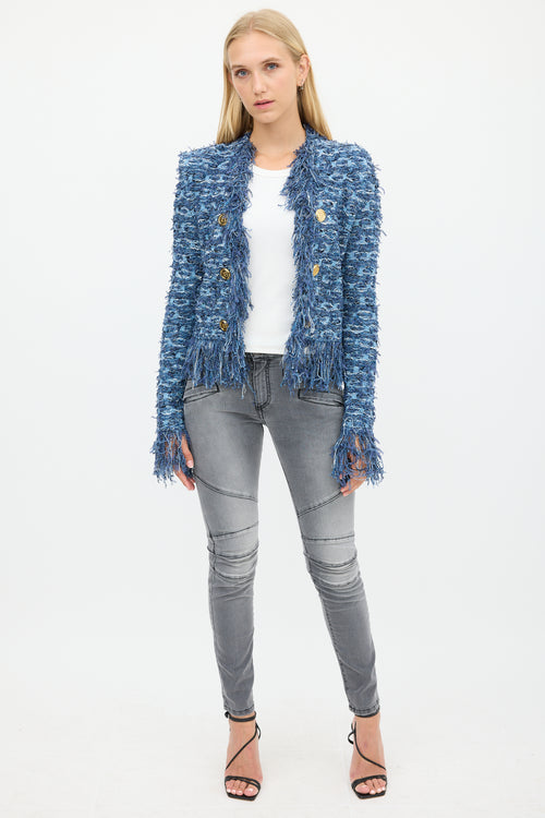 Balmain Blue Fringe Tweed Jacket