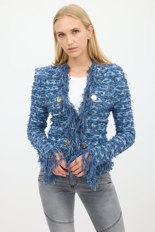 Balmain Blue Fringe Tweed Jacket