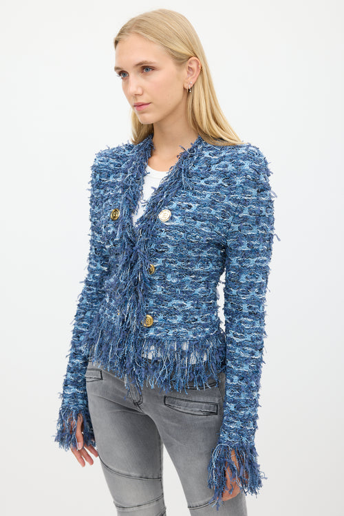 Balmain Blue Fringe Tweed Jacket