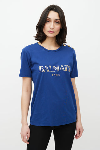 Balmain Blue 
Gold Logo T-Shirt