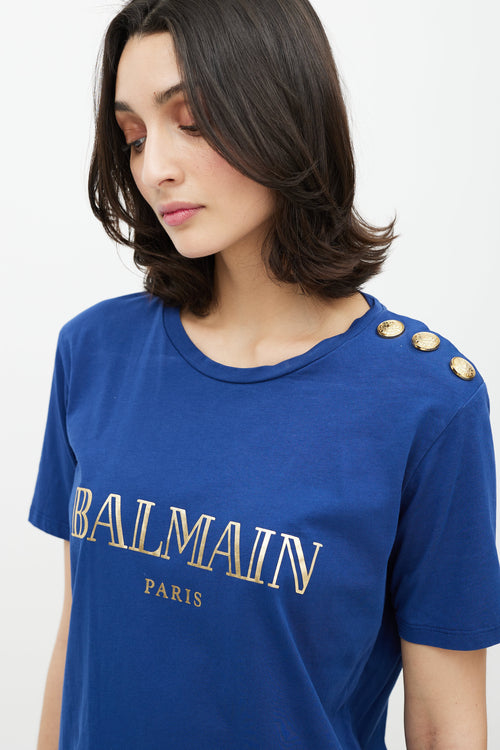 Balmain Blue 
Gold Logo T-Shirt