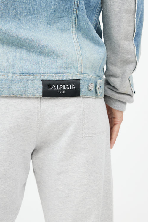 Balmain Blue 
Grey Hybird Sweatshirt Denim Jacket