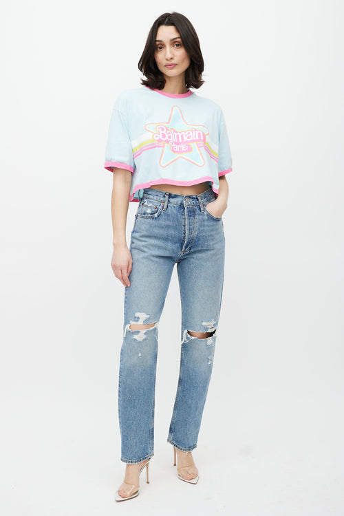 Balmain Blue 
Multicolour Cropped Logo T-Shirt