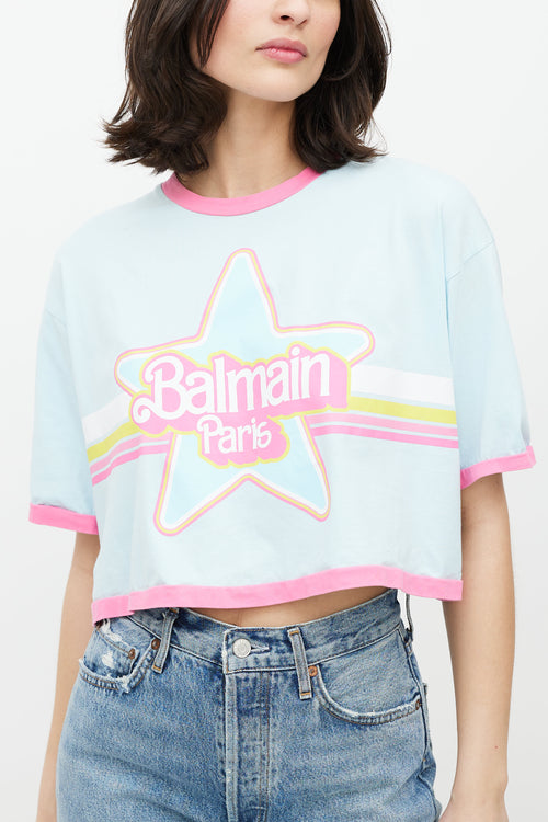 Balmain Blue 
Multicolour Cropped Logo T-Shirt